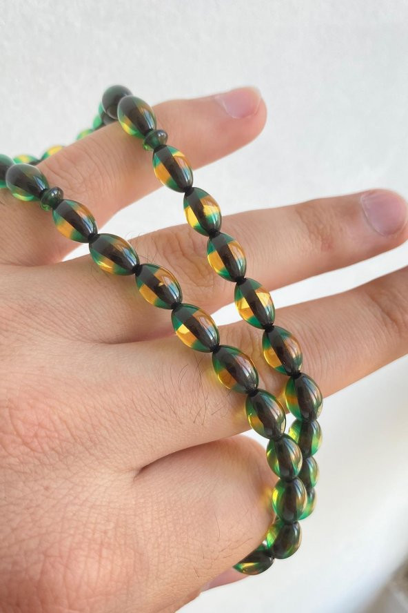 Çift Renkli  Yeşil Sarı Sürmeli Kehribar Tesbih Metal Püsküllü Misbah Misbaha Rosary Zikr - 8