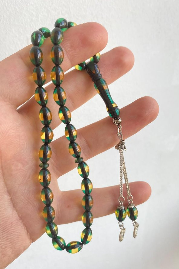 Çift Renkli  Yeşil Sarı Sürmeli Kehribar Tesbih Metal Püsküllü Misbah Misbaha Rosary Zikr - 9