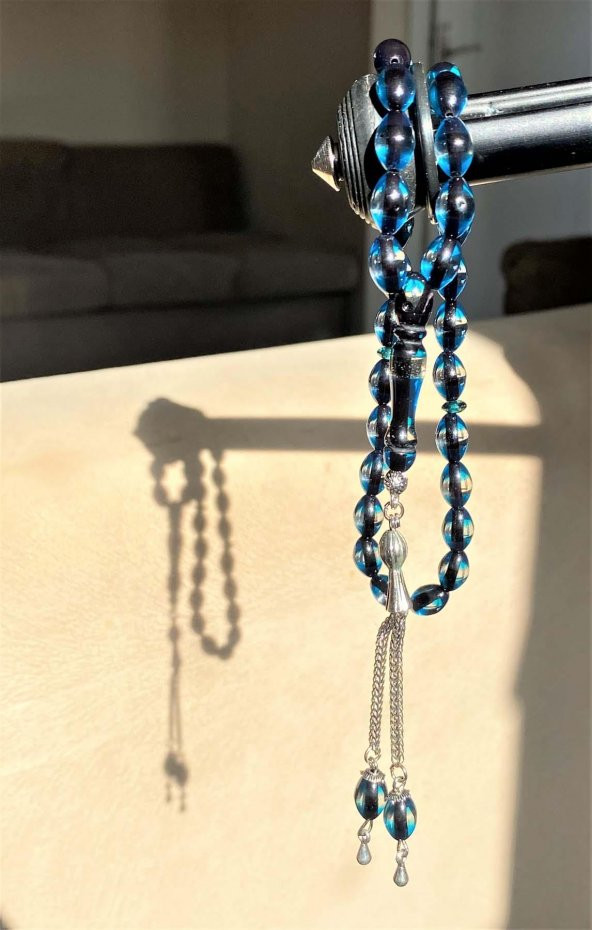Çift Renkli Parlament Mavisi Sürmeli Kehribar Tesbih Metal Püsküllü Misbah Misbaha Rosary Zikr - 3