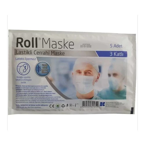 Roll Lastikli 3 Katlı Cerrahi Maske 5 Li