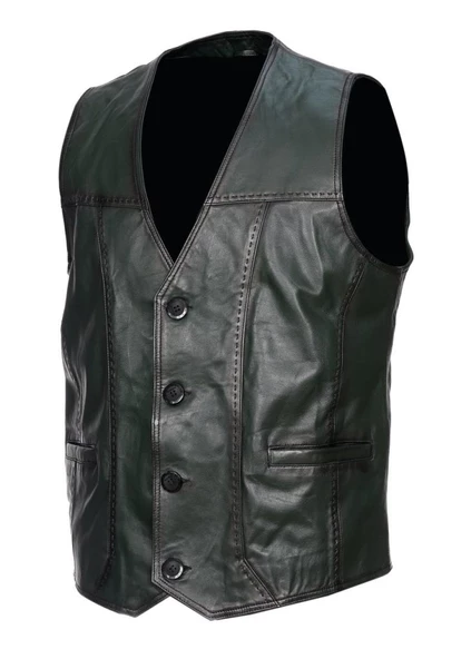 Yeşil Üzerine Atılmış Siyah Renk Detaylı Deri Yelek ürün görseli 1