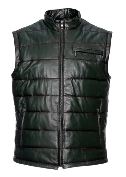 Yeşil Üzerine Atılmış Siyah Renk Detaylı Şişme Deri Yelek - 10