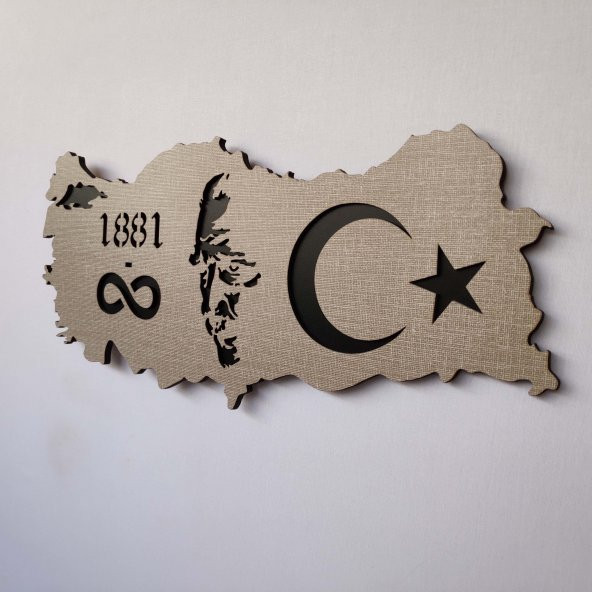 DEKORATİF MODERN TÜRKİYE HARİTASI ATATÜRK SİLÜETİ DUVAR PANOSU - 60x26cm - Dokulu Gri - 3