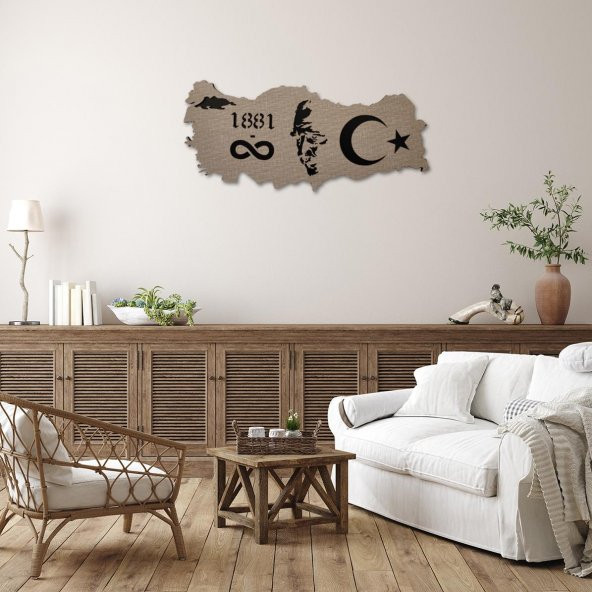 DEKORATİF MODERN TÜRKİYE HARİTASI ATATÜRK SİLÜETİ DUVAR PANOSU - 60x26cm - Dokulu Gri - 5