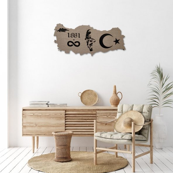 DEKORATİF MODERN TÜRKİYE HARİTASI ATATÜRK SİLÜETİ DUVAR PANOSU - 60x26cm - Dokulu Gri - 6