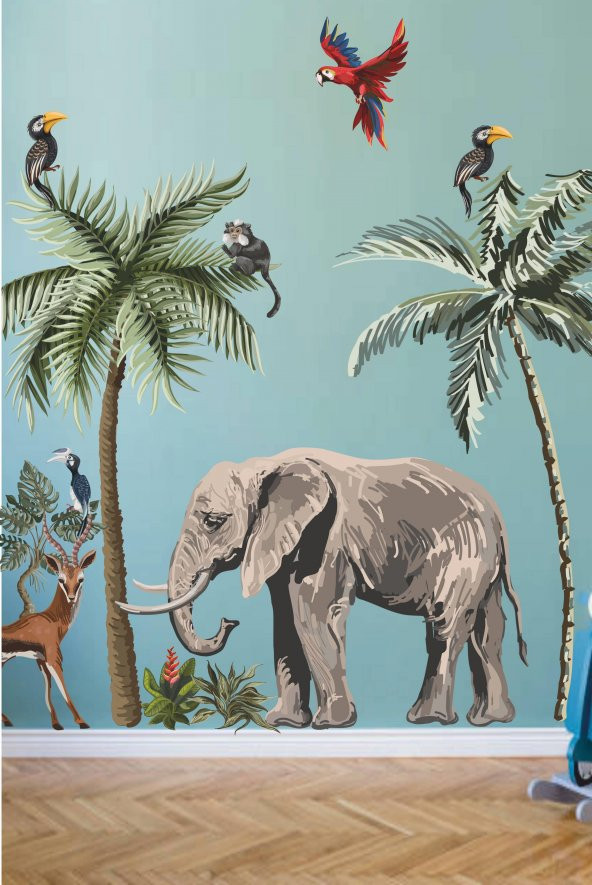 Fil, Kuşlar ve Ağaçlar Safari Tropikal Hayvanlar ve Ağaçlar Çocuk Bebek Odası Duvar Sticker