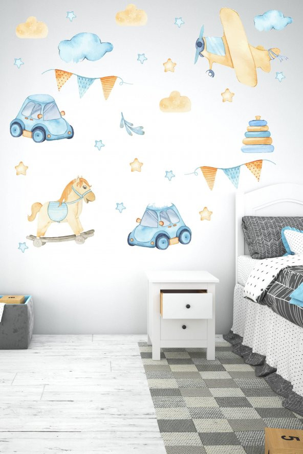 Pastel Tonlarda Araba, Uçak, At Figürleri Çocuk Bebek Odası Sticker