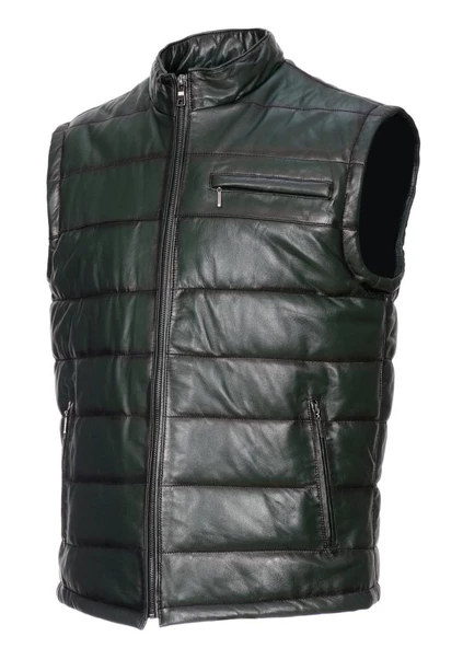 Yeşil Üzerine Atılmış Siyah Renk Detaylı Şişme Deri Yelek - 5