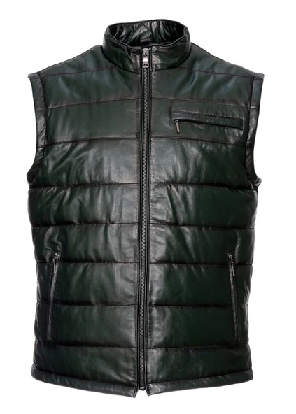 Yeşil Üzerine Atılmış Siyah Renk Detaylı Şişme Deri Yelek - 12