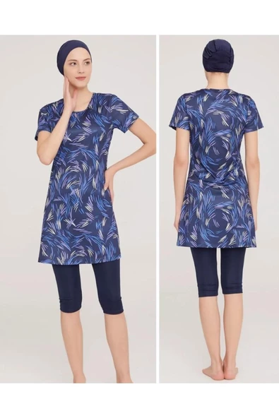 Kısa Kol Lycralı Dijital Desen Tesettür Havuz Mayo - Resim 4