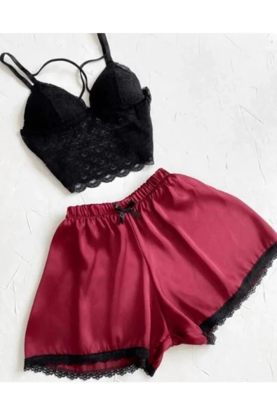 Saten Dantelli Şortlu Takım - Resim 2