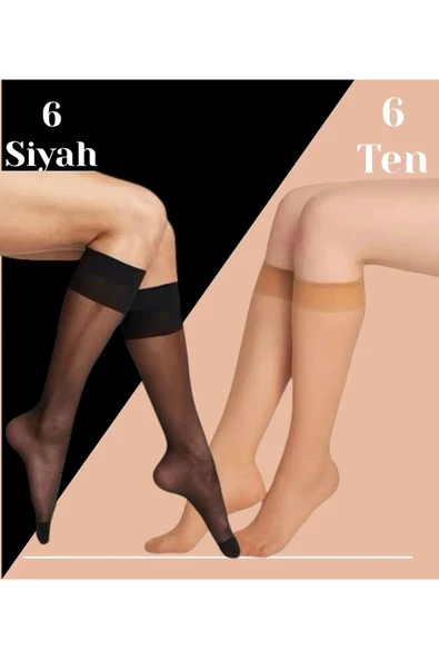 6 Siyah 6 Ten Rengi 12'li Dizaltı Çorap -