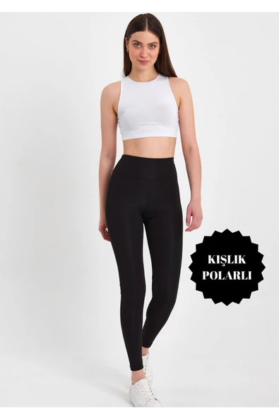 Kadın Yüksek Bel Şardonlu Toparlayıcı Sıkılastırıcı Polarlı Siyah Tayt