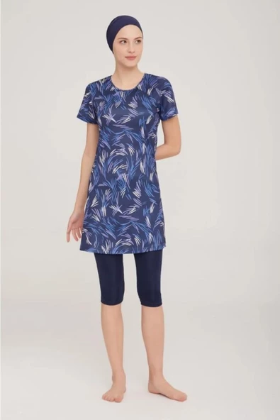 Kısa Kol Lycralı Dijital Desen Tesettür Havuz Mayo - 5