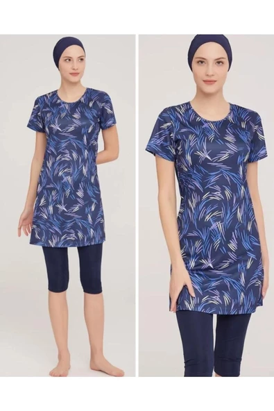 Kısa Kol Lycralı Dijital Desen Tesettür Havuz Mayo - 2