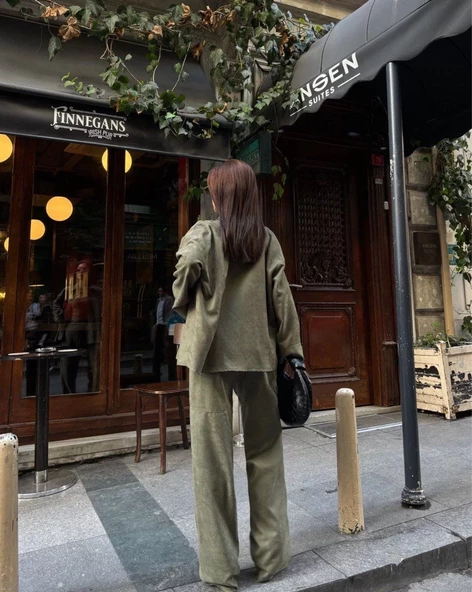 Süet Gömlek Palazzo Pantolon İkili Takım - Haki - 5