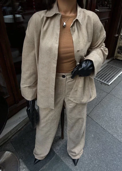 Süet Gömlek Palazzo Pantolon İkili Takım - Bej - 3