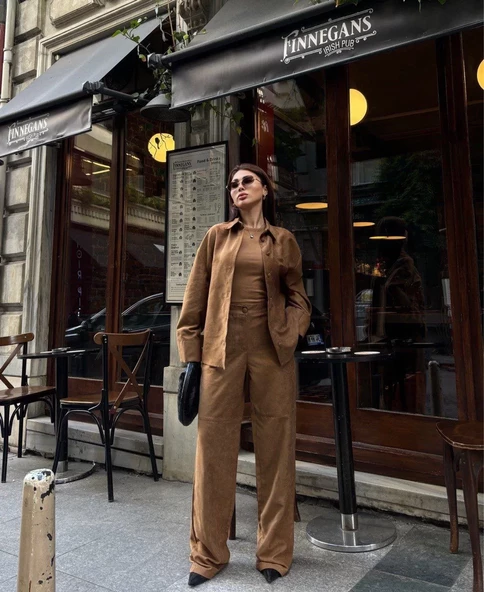 Süet Gömlek Palazzo Pantolon İkili Takım - Kahve - 7