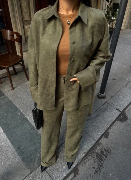 Süet Gömlek Palazzo Pantolon İkili Takım - Haki - 2