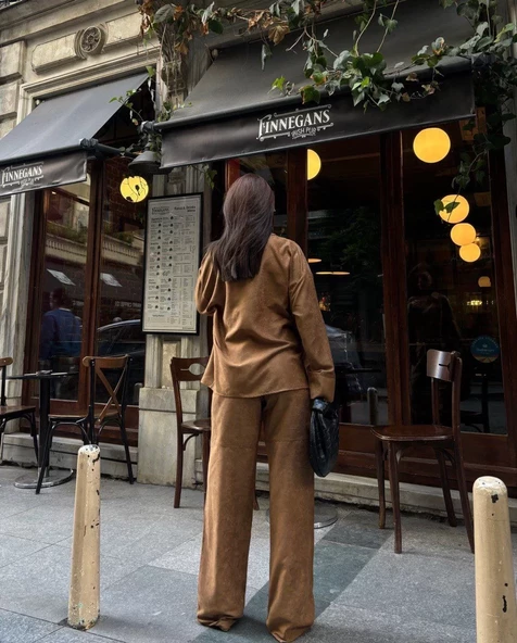 Süet Gömlek Palazzo Pantolon İkili Takım - Kahve - 6