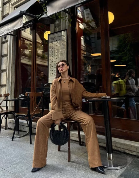 Süet Gömlek Palazzo Pantolon İkili Takım - Kahve - 4