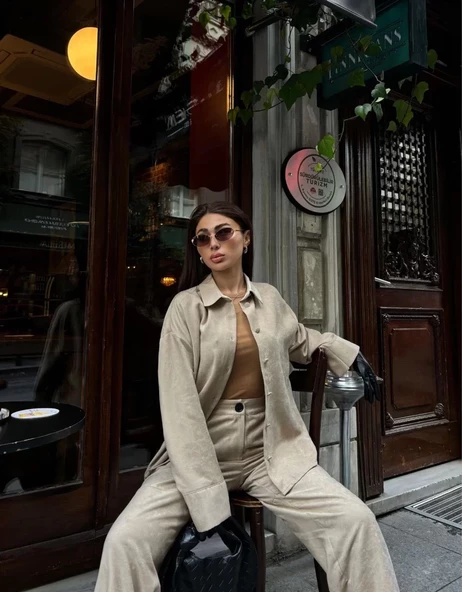 Süet Gömlek Palazzo Pantolon İkili Takım - Bej - 2