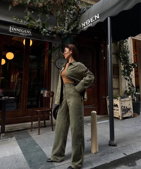 Süet Gömlek Palazzo Pantolon İkili Takım - Haki - 4