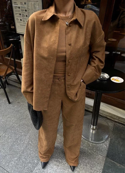 Süet Gömlek Palazzo Pantolon İkili Takım - Kahve - 5