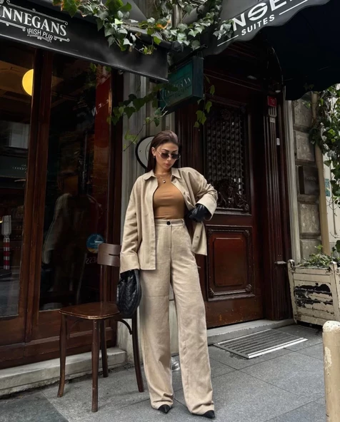 Süet Gömlek Palazzo Pantolon İkili Takım - Bej - 4