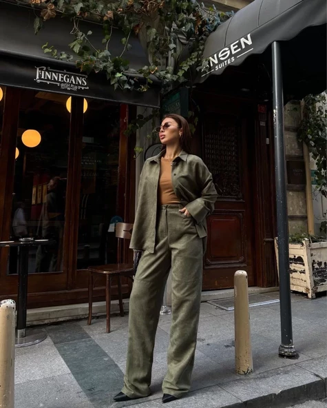 Süet Gömlek Palazzo Pantolon İkili Takım - Haki - 3