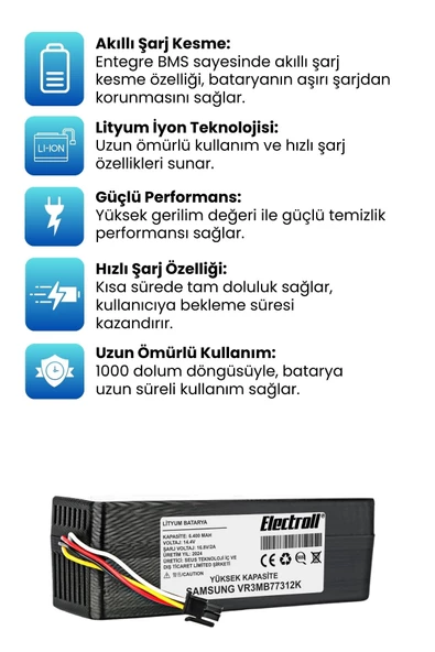 Samsung VR3MB77312K Robot Süpürge Bataryası 6400mah (YÜKSEK KAPASİTE) Robot Süpürge Pili - 2