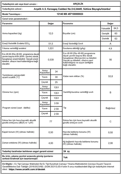 Arçelik 12140 Mx 1400 Devir 12 Kg Çamaşır Makinesi - 11