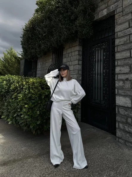 Crop, Pantolon Fitilli İkili Takım -Beyaz - 4