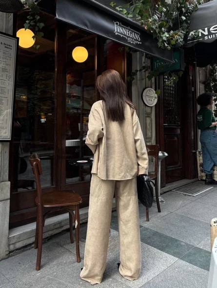 Süet Gömlek Palazzo Pantolon İkili Takım - Bej - 5