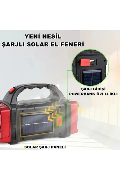 V-2678 Uzun Menzilli Solar Panelli 25W Powerbank+usb Çıkış 4 Mod lu Ultra Güçlü Ledli Şarjlı Fener Işıldak - 2