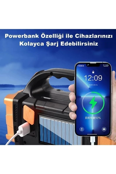 V-2678 Uzun Menzilli Solar Panelli 25W Powerbank+usb Çıkış 4 Mod lu Ultra Güçlü Ledli Şarjlı Fener Işıldak - 4