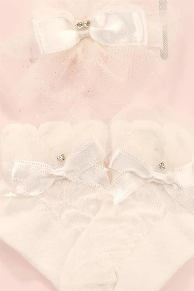 Kokulu Bandanalı Kız Bebek Soket Çorap Set Krem bipamuk - 2