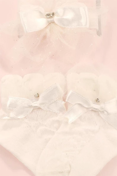 Kokulu Bandanalı Kız Bebek Soket Çorap Set Krem bipamuk - 5