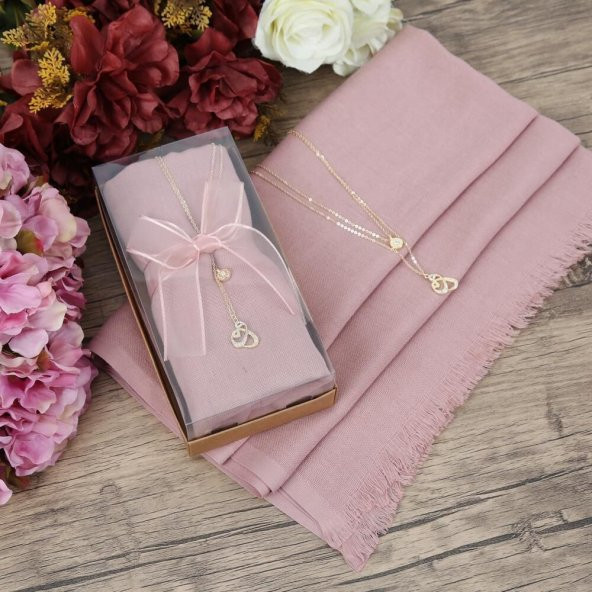 Anneler Gününe Özel Pembe Şal, Kolye Süslemeli Set - 2