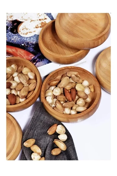 3 Adet Kase Yuvarlak Ahşap Bambu Çerez Tabağı Doğal Organik Bambu Kase Çerezlik - 4