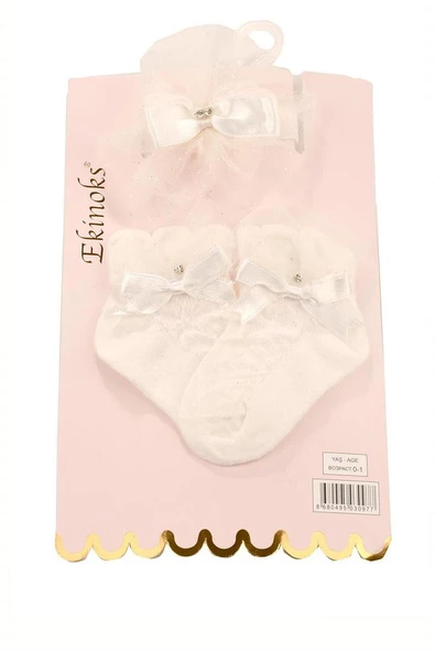 Kokulu Bandanalı Kız Bebek Soket Çorap Set Krem bipamuk