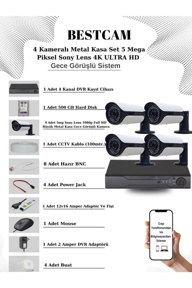 BESTCAM  4 Kameralı Metal Kasa Set 5 Mega Piksel Sony Lensli 4K Ultra HD Gece Görüşlü Sistem 500 GB Hard disk