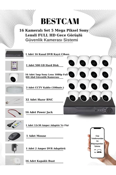BESTCAM  16 Kameralı Set 5 Mega Piksel Sony Lensli FULL HD Gece Görüşlü Güvenlik Dome Kamera Seti 500 GB HDD