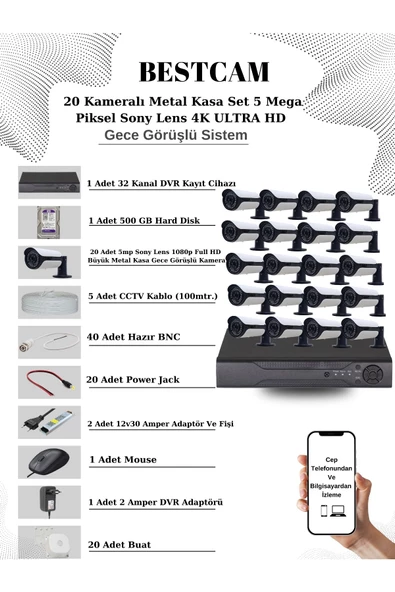 BESTCAM  20 Kameralı Metal Kasa Set 5 Mega Piksel Sony Lensli 4K Ultra HD Gece Görüşlü Sistem 500 GB HDD