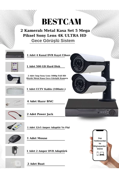 BESTCAM  2 Kameralı Metal Kasa Set 5 Mega Piksel Sony Lensli 4K Ultra HD Gece Görüşlü Sistem 500 GB Hard disk