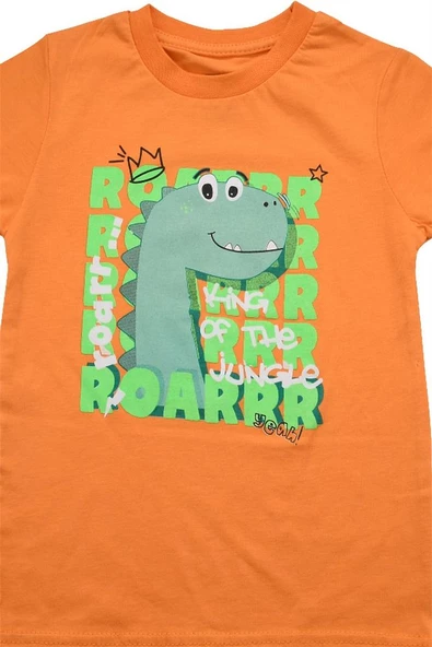 Sevimli Dinozor Baskılı Erkek Bebek Tshirt Turuncu bipamuk - 3