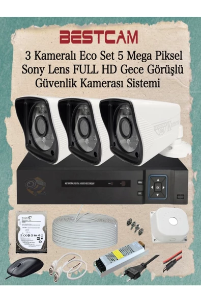 BESTCAM  3 Kameralı Eco Set 5 Mega Piksel Sony Lensli Full HD Gece Görüşlü Güvenlik Kamerası Sistemi