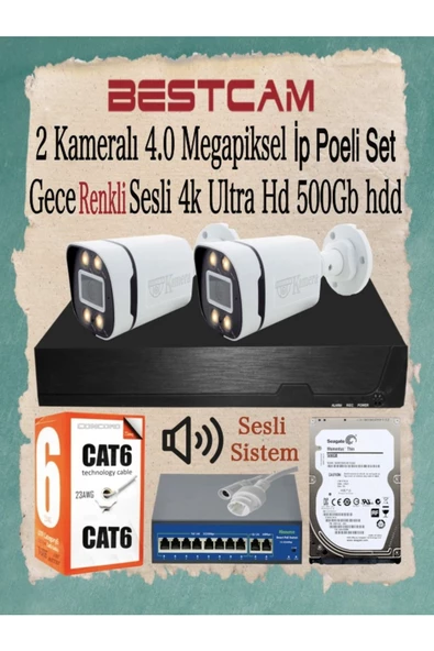 BESTCAM  2 Kameralı 4 Mega Piksel Ip Poeli Set Gece Renkli Sesli 4k Ultra Hd 500 Gb Hdd