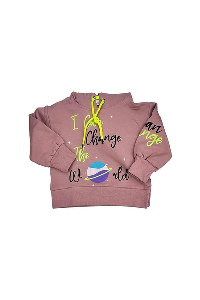 Yazılı Yırtmaçlı Kız Bebek Kapşonlu Sweat Pudra bipamuk - 4
