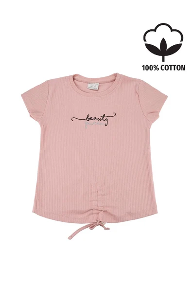 Nakışlı Fitilli Beauty Queen Tshirt Pudra bipamuk - 4